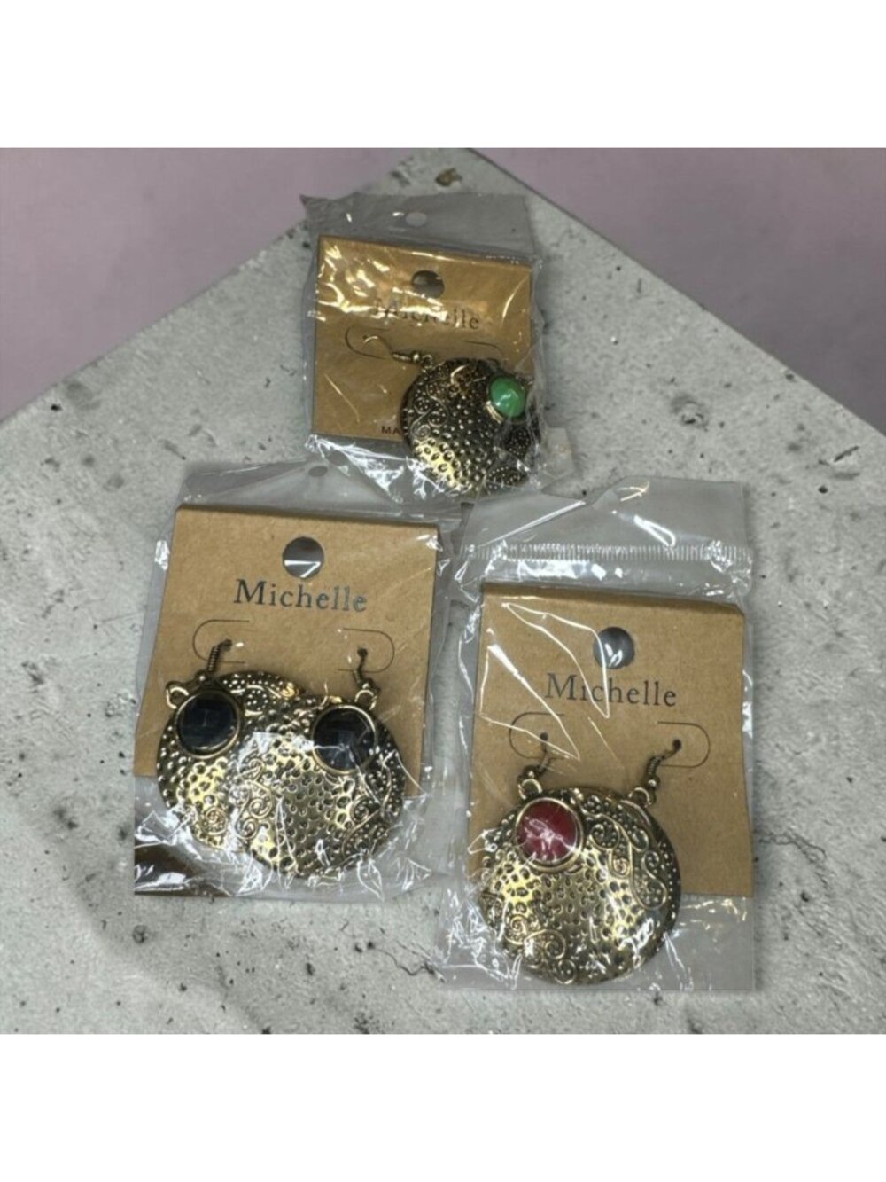 Michelle Antique-Style Dangle Earrings With Embossed Gold-Tone Design & Gem Acce